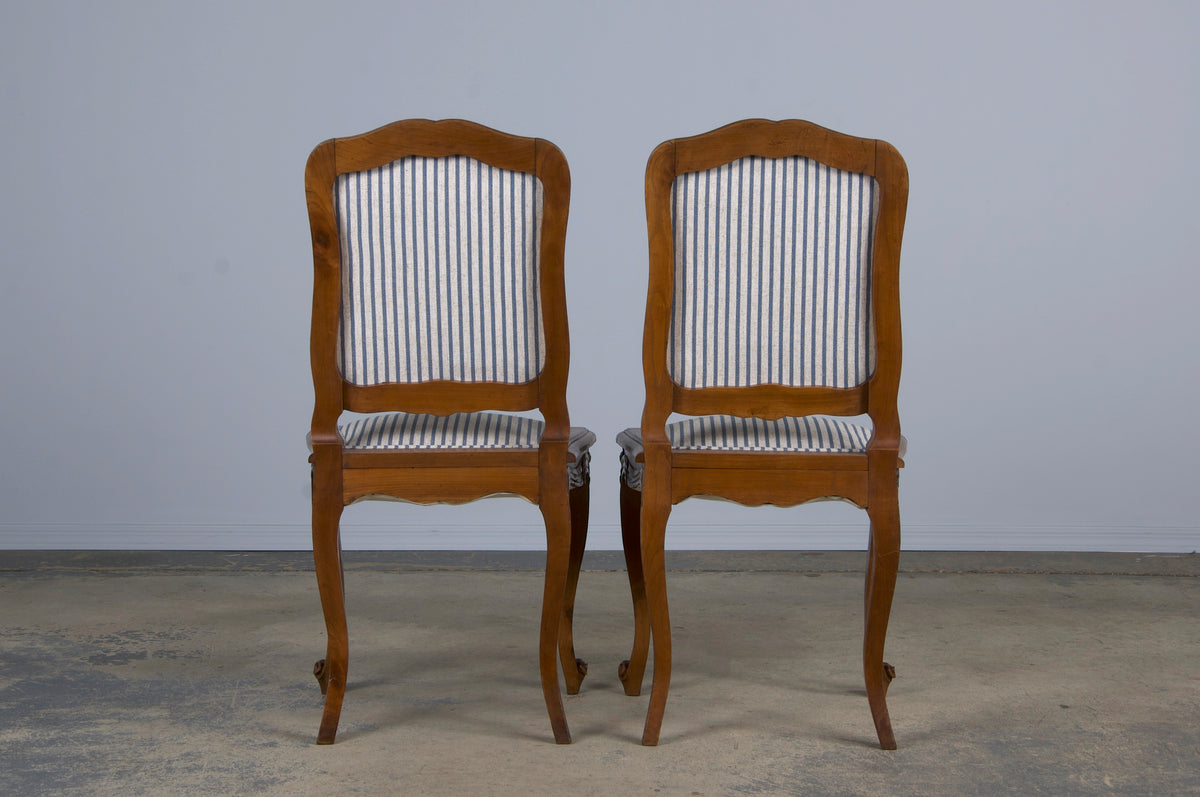 French Louis XV Style Maple Dining Chairs W/ Striped Linen - Set of 10