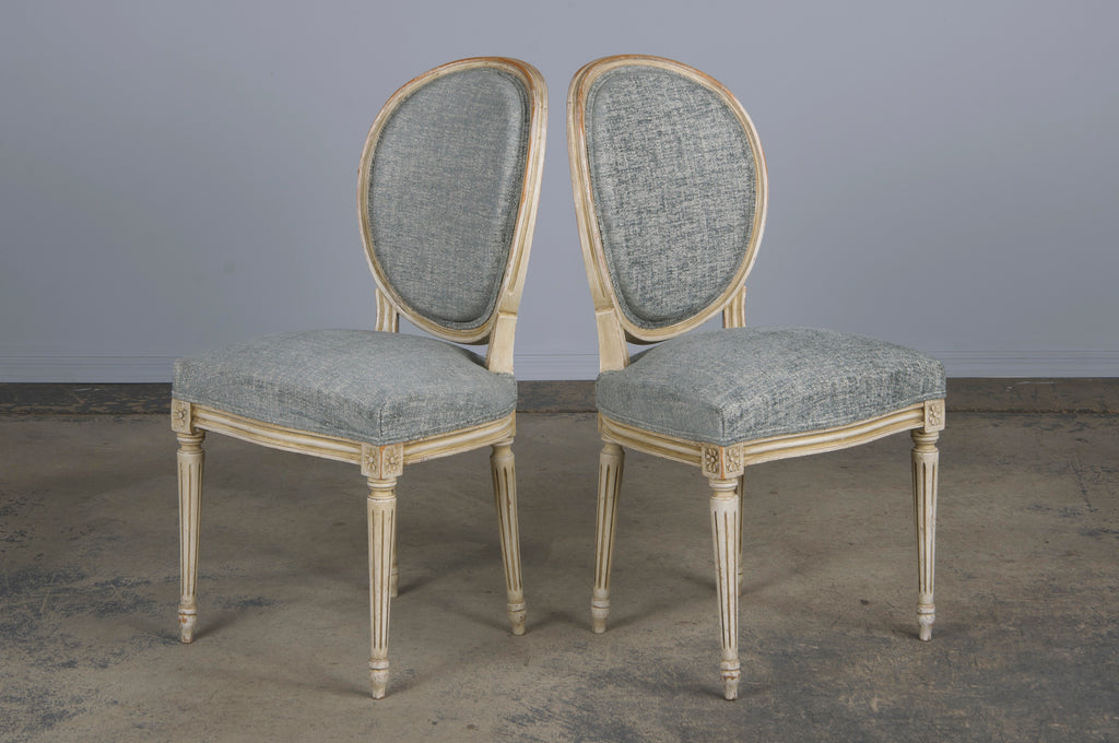 Antique French Louis XVI Style Painted Dining Chairs W/ Grey Blue Chenille - Set of 6