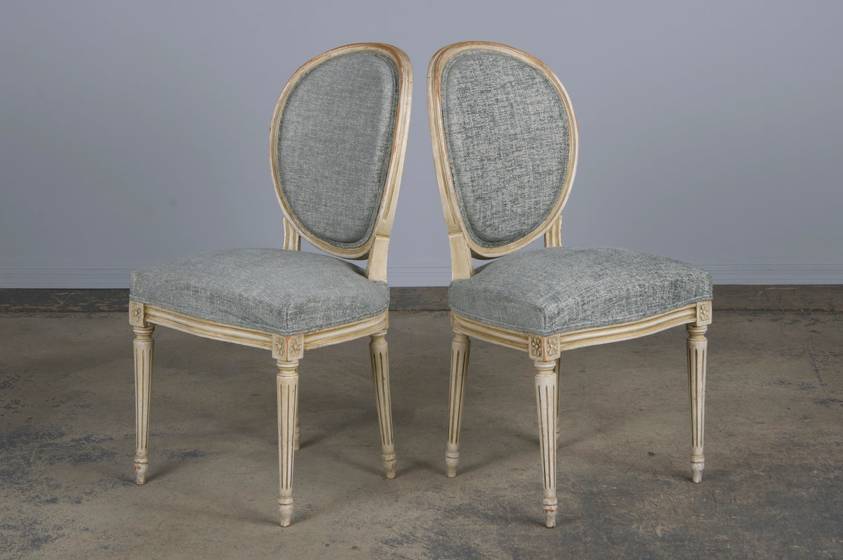 Antique French Louis XVI Style Painted Dining Chairs W/ Grey Blue Chenille - Set of 6