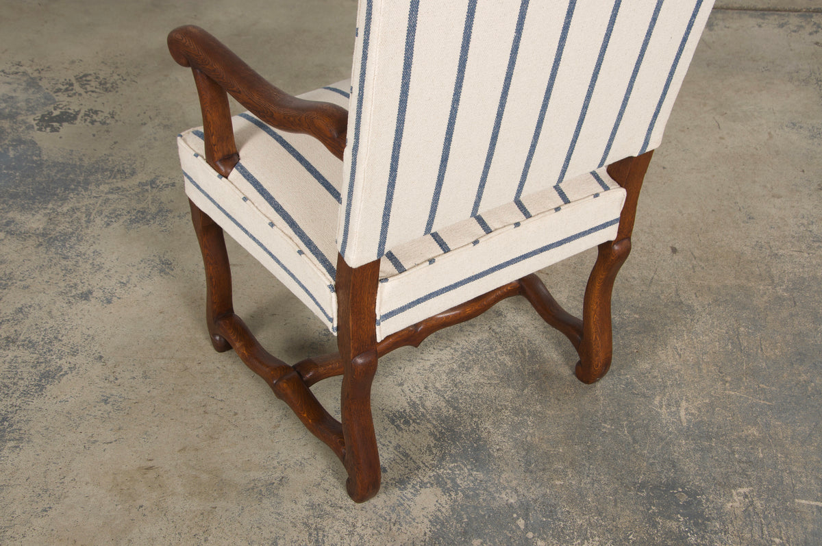 Antique French Louis XIII Style Os De Mouton Oak Dining Chairs in Striped Fabric - Set of 6