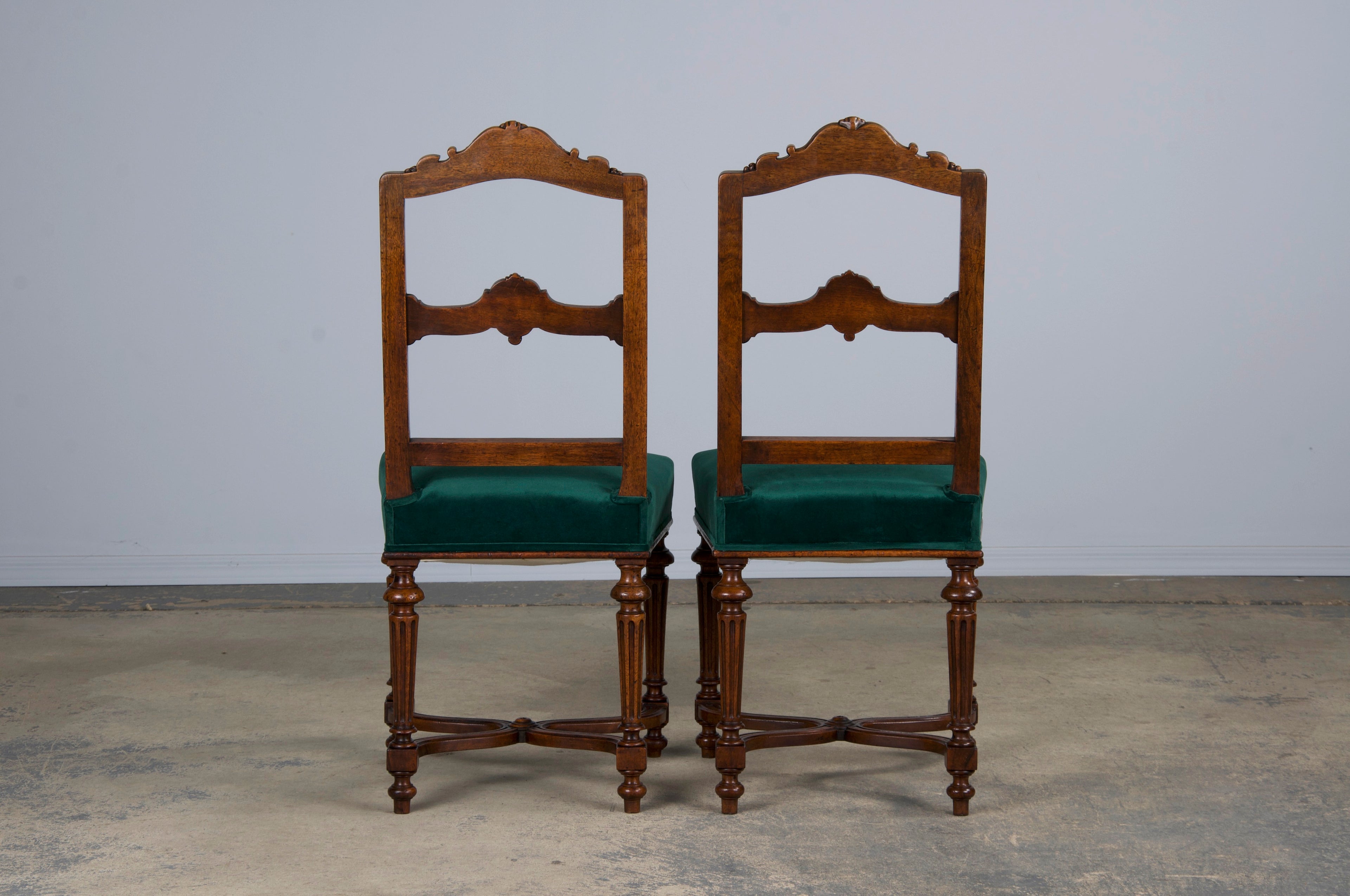 Antique French Napoleon III Style Oak Dining Chairs W/ Dark Green Velvet - Set of 6