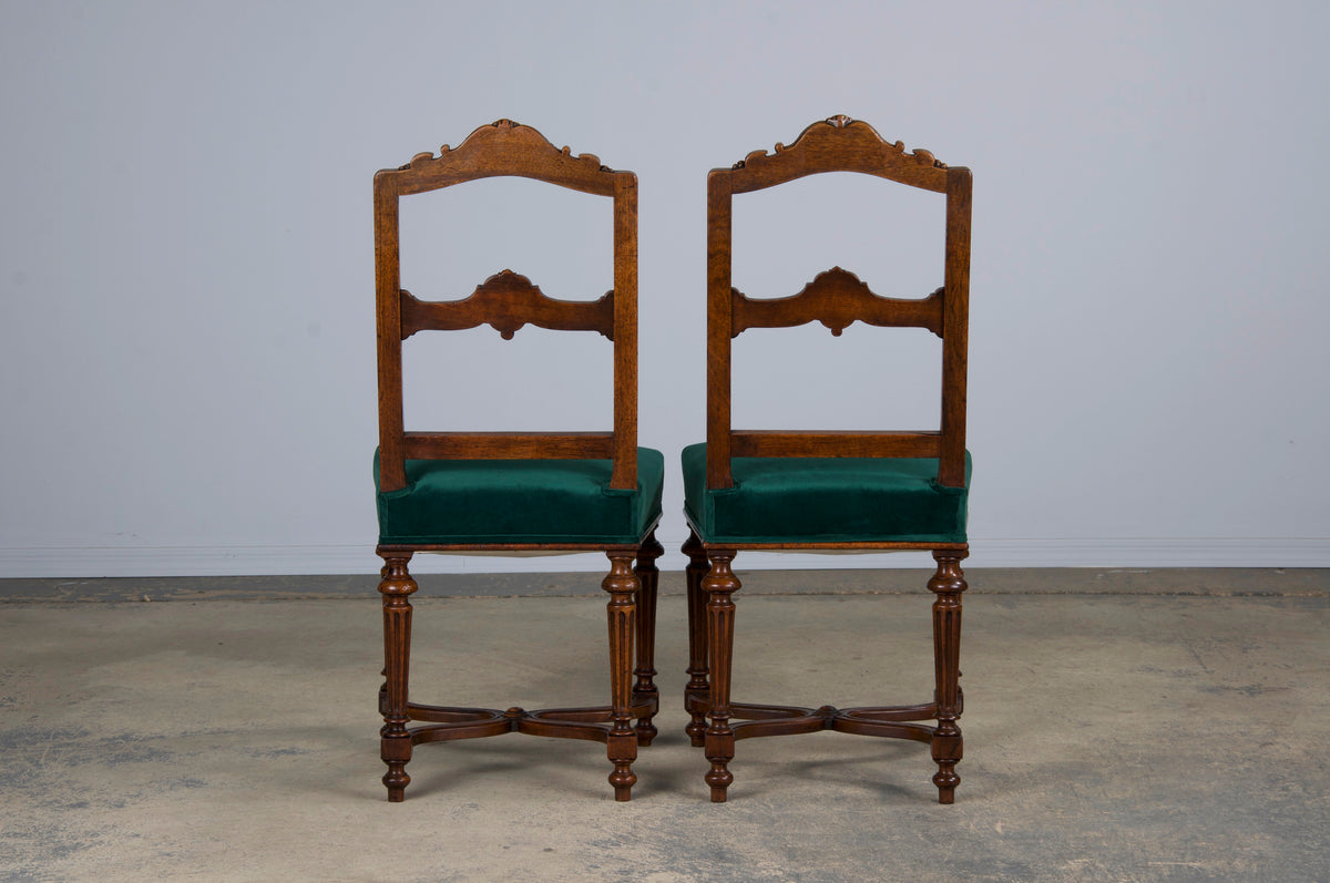 Antique French Napoleon III Style Oak Dining Chairs W/ Dark Green Velvet - Set of 6