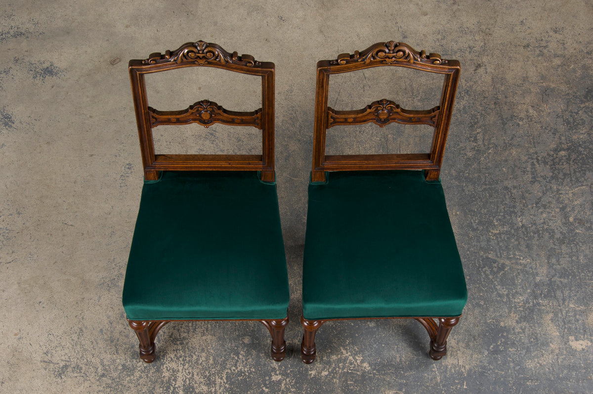 Antique French Napoleon III Style Oak Dining Chairs W/ Dark Green Velvet - Set of 6