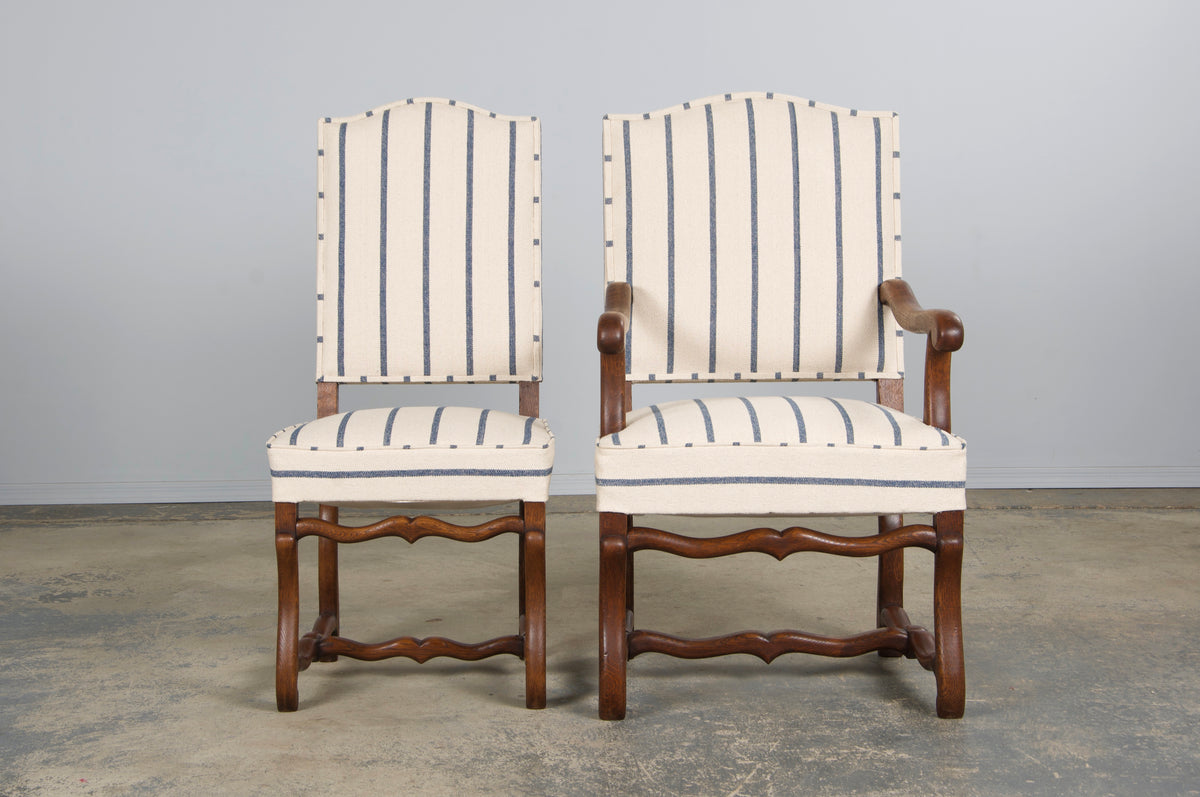 Antique French Louis XIII Style Os De Mouton Oak Dining Chairs in Striped Fabric - Set of 6