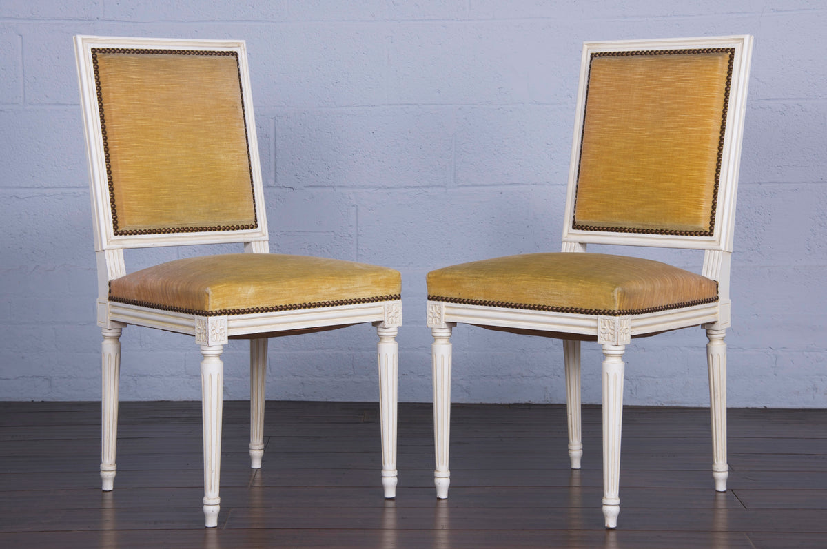 Antique French Louis XVI Style Square Back Painted Dining Chairs W/ Yellow Mohair- Set of 4