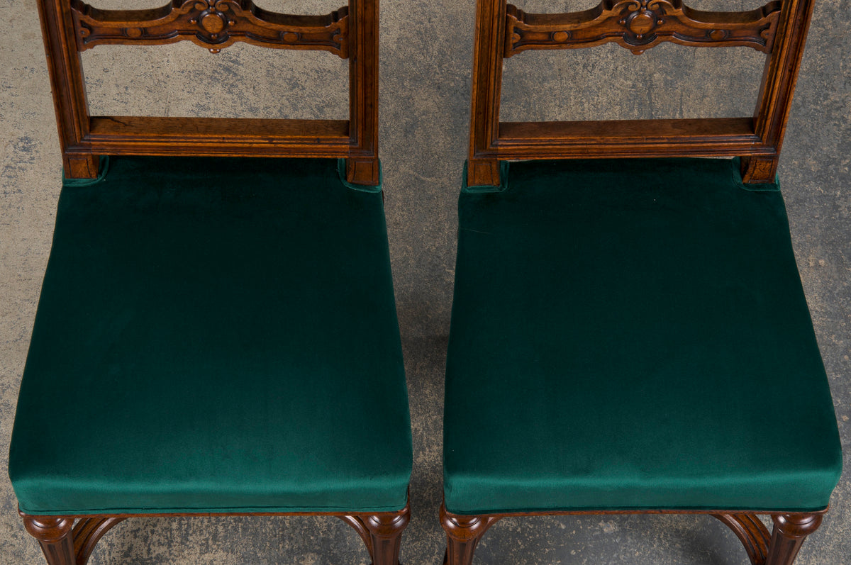 Antique French Napoleon III Style Oak Dining Chairs W/ Dark Green Velvet - Set of 6