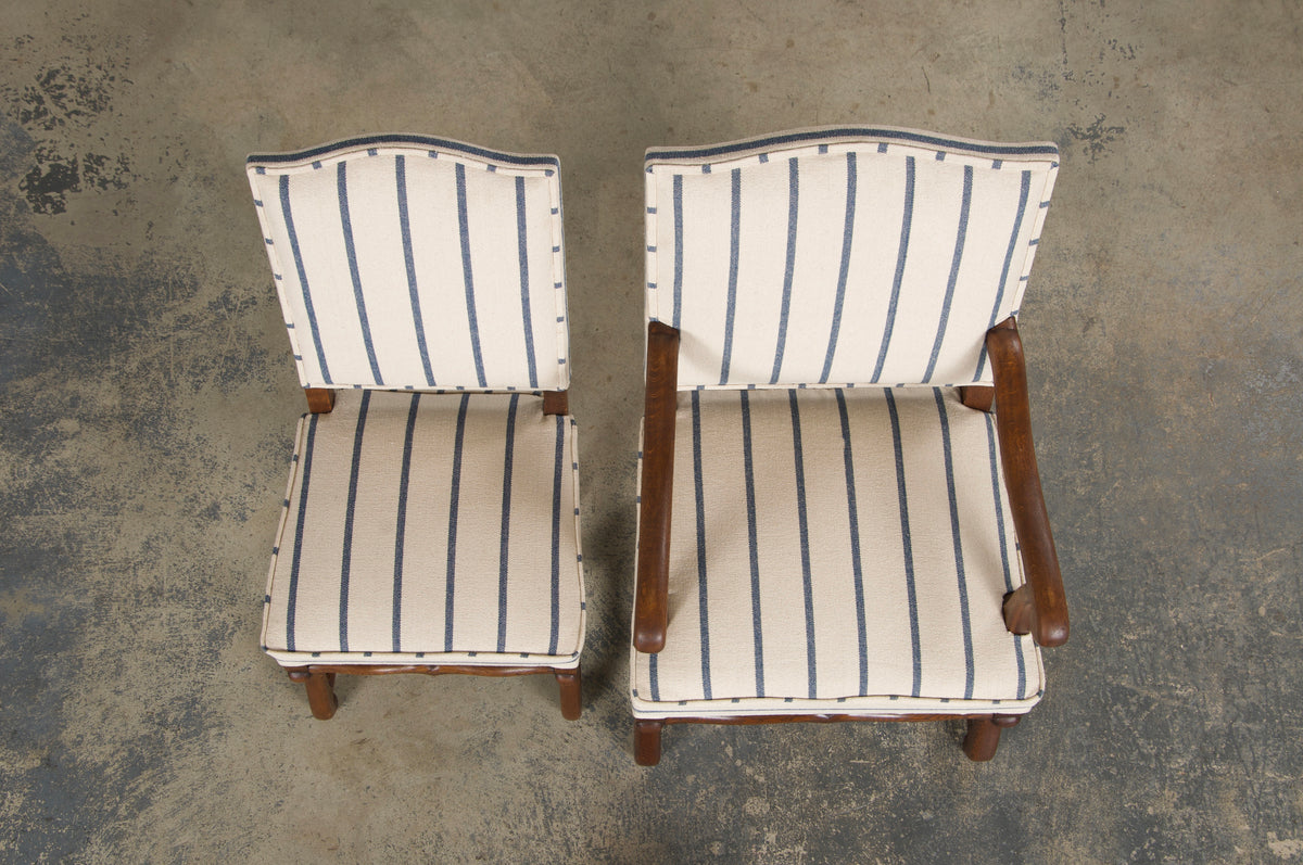 Antique French Louis XIII Style Os De Mouton Oak Dining Chairs in Striped Fabric - Set of 6