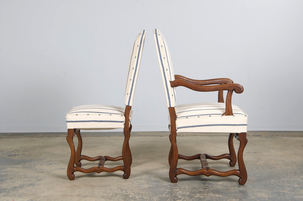 Antique French Louis XIII Style Os De Mouton Oak Dining Chairs in Striped Fabric - Set of 6