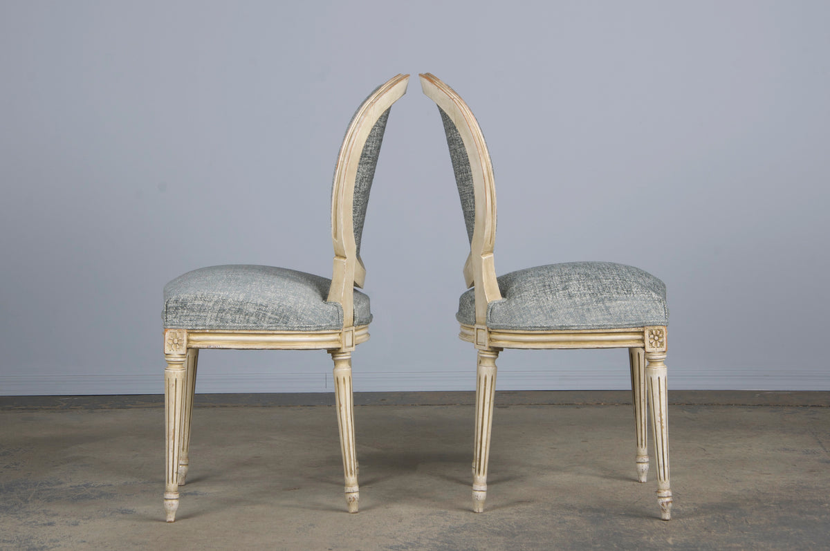 Antique French Louis XVI Style Painted Dining Chairs W/ Grey Blue Chenille - Set of 6