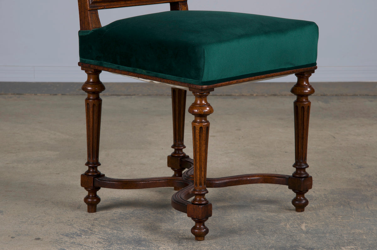 Antique French Napoleon III Style Oak Dining Chairs W/ Dark Green Velvet - Set of 6