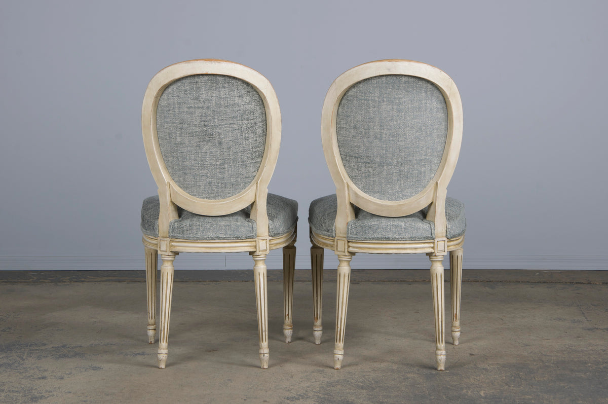 Antique French Louis XVI Style Painted Dining Chairs W/ Grey Blue Chenille - Set of 6