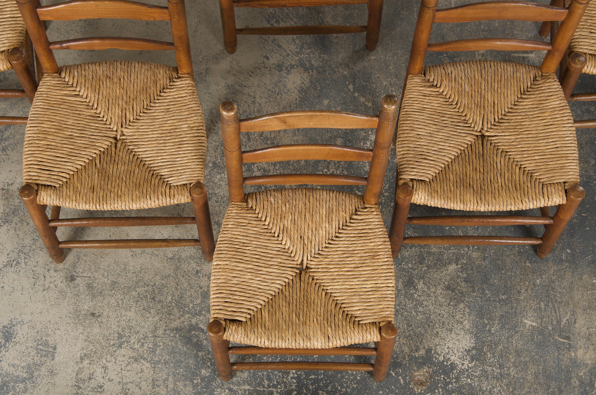 Antique Country French Ladder Back Maple Farmhouse Dining Chairs W/ Rush Seats - Set of 8