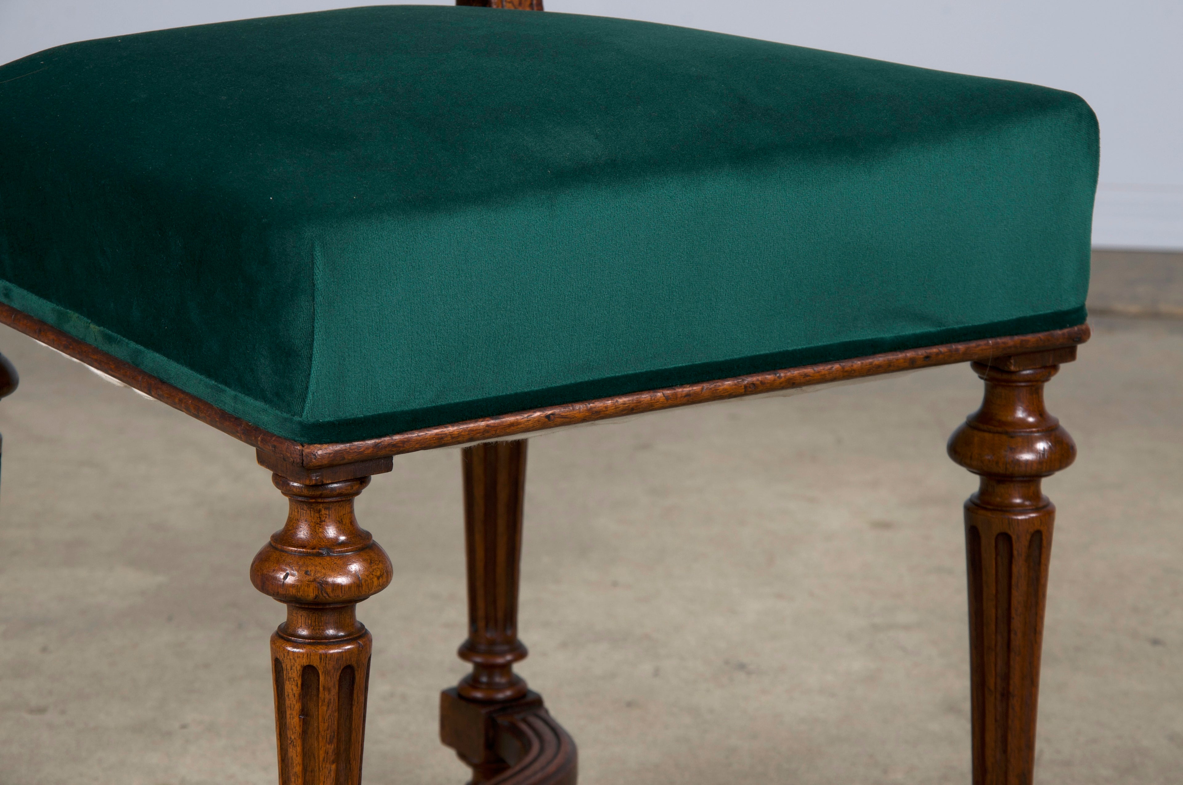 Antique French Napoleon III Style Oak Dining Chairs W/ Dark Green Velvet - Set of 6