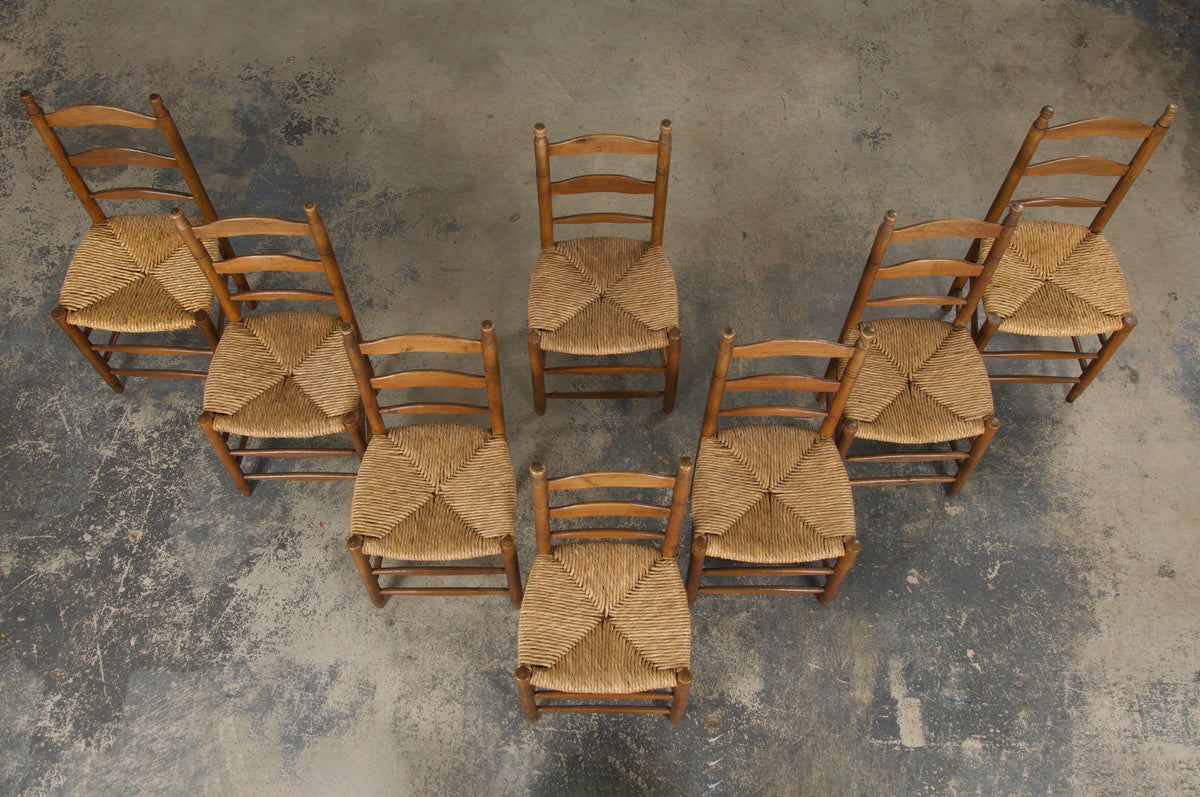 Antique Country French Ladder Back Maple Farmhouse Dining Chairs W/ Rush Seats - Set of 8