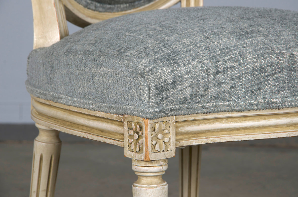 Antique French Louis XVI Style Painted Dining Chairs W/ Grey Blue Chenille - Set of 6