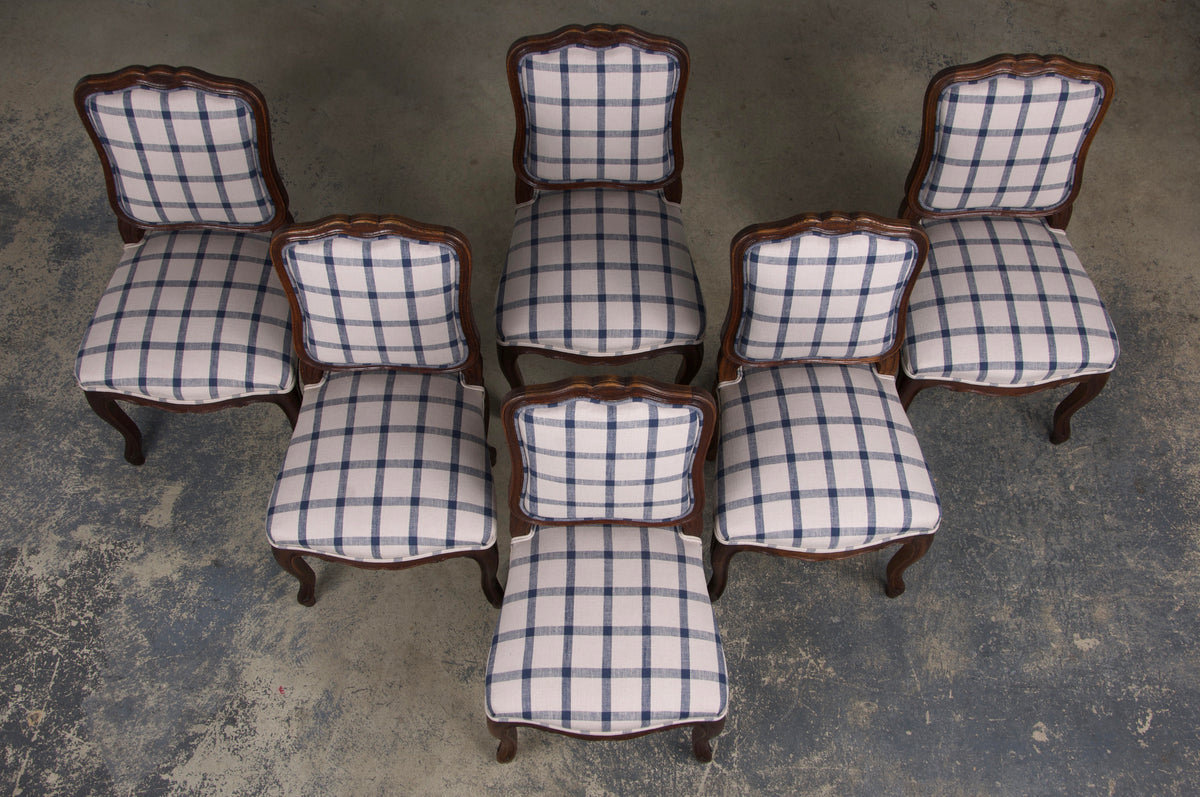 Antique French Louis XV Style Oak Dining Chairs W/ Plaid Fabric - Set of 6