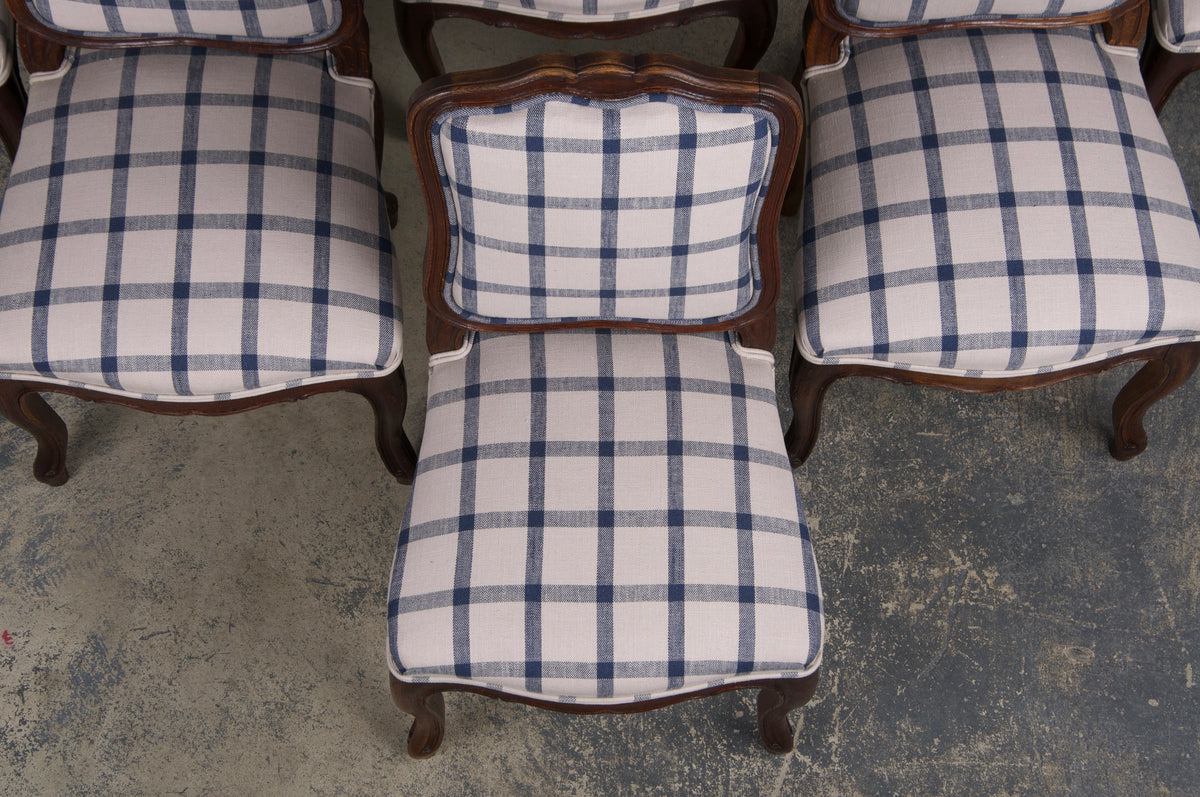 Antique French Louis XV Style Oak Dining Chairs W/ Plaid Fabric - Set of 6