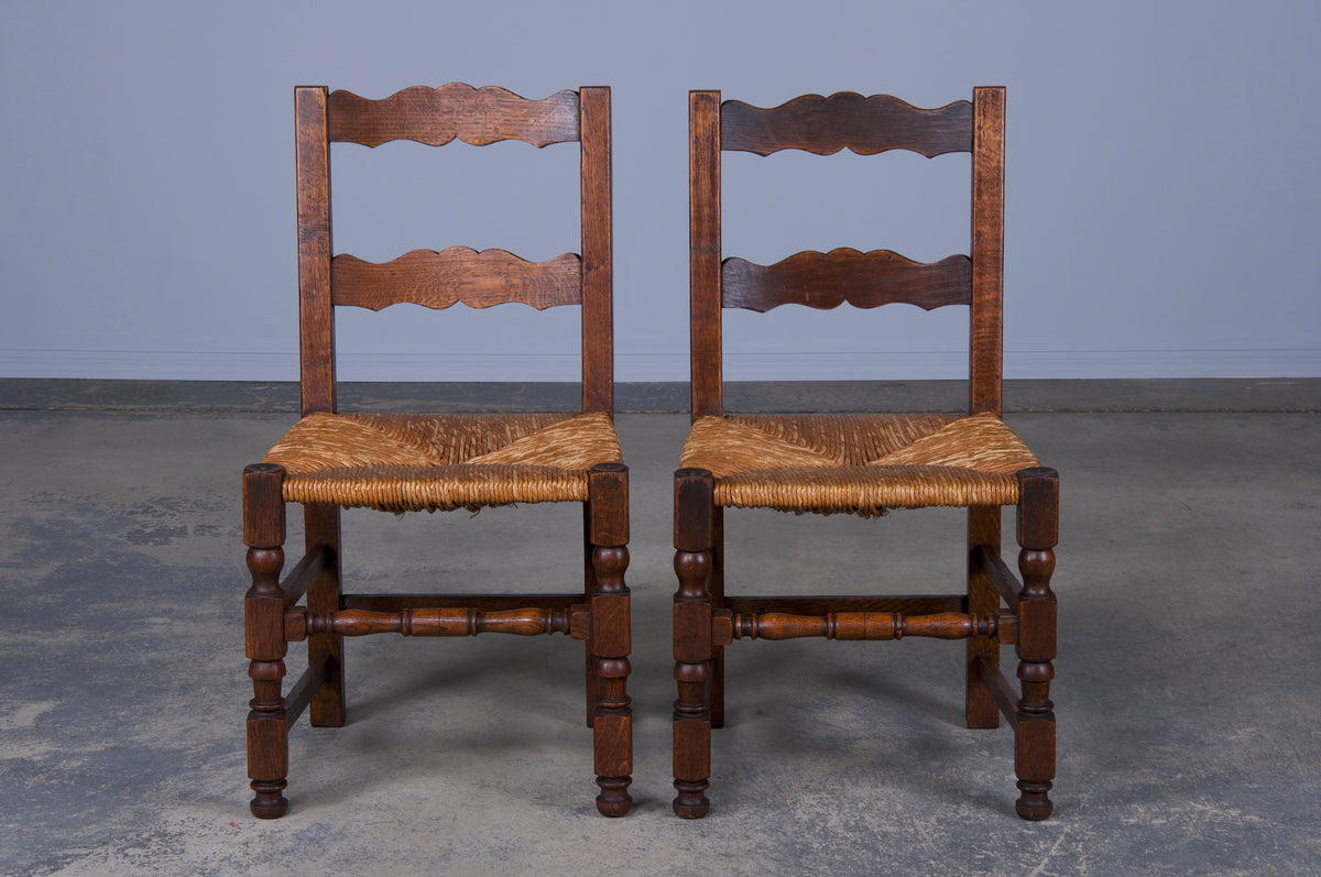 Antique Country French Farmhouse Ladder Back Oak Dining Chairs W/ Rush Seats - Set of 8