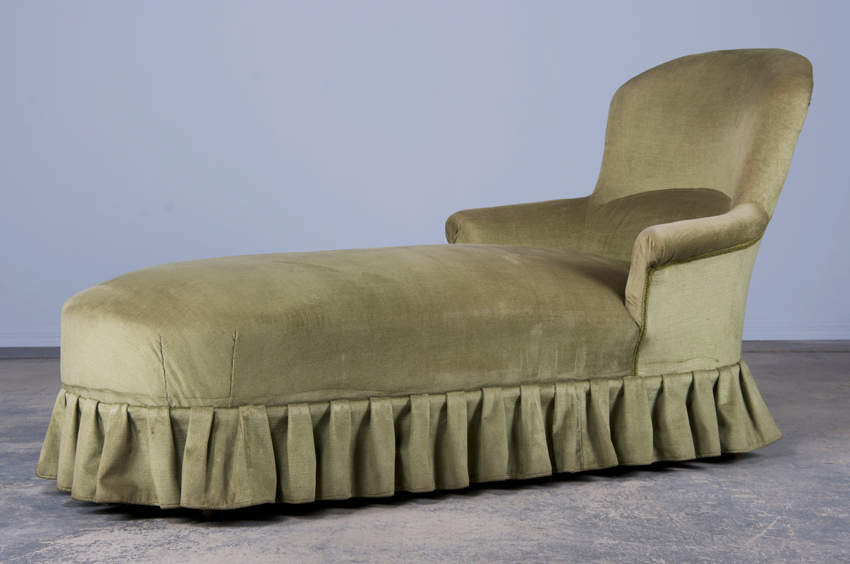 Antique Country French Louis Philippe Style Chaise Lounge W/ Light Green Velvet