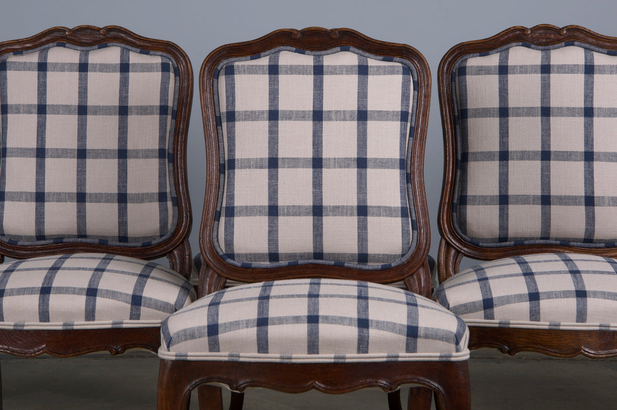 Antique French Louis XV Style Oak Dining Chairs W/ Plaid Fabric - Set of 6