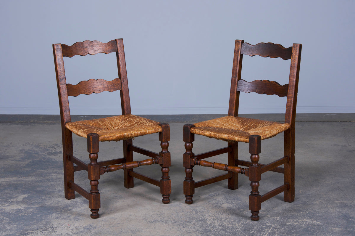 Antique Country French Farmhouse Ladder Back Oak Dining Chairs W/ Rush Seats - Set of 8
