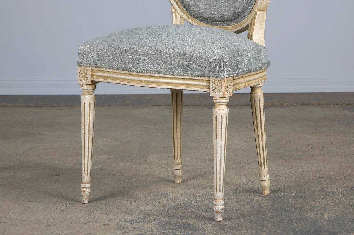 Antique French Louis XVI Style Painted Dining Chairs W/ Grey Blue Chenille - Set of 6