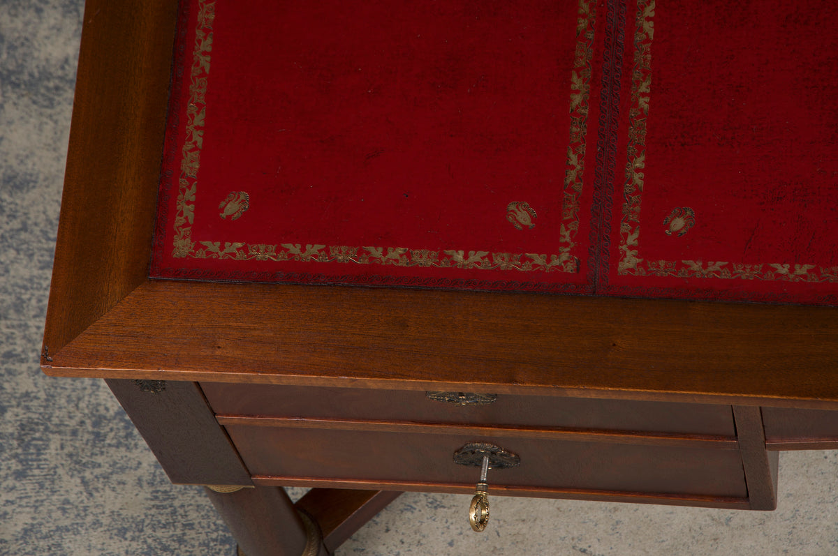 French Empire Style Mahogany Writing Desk W/ Red Leather Top