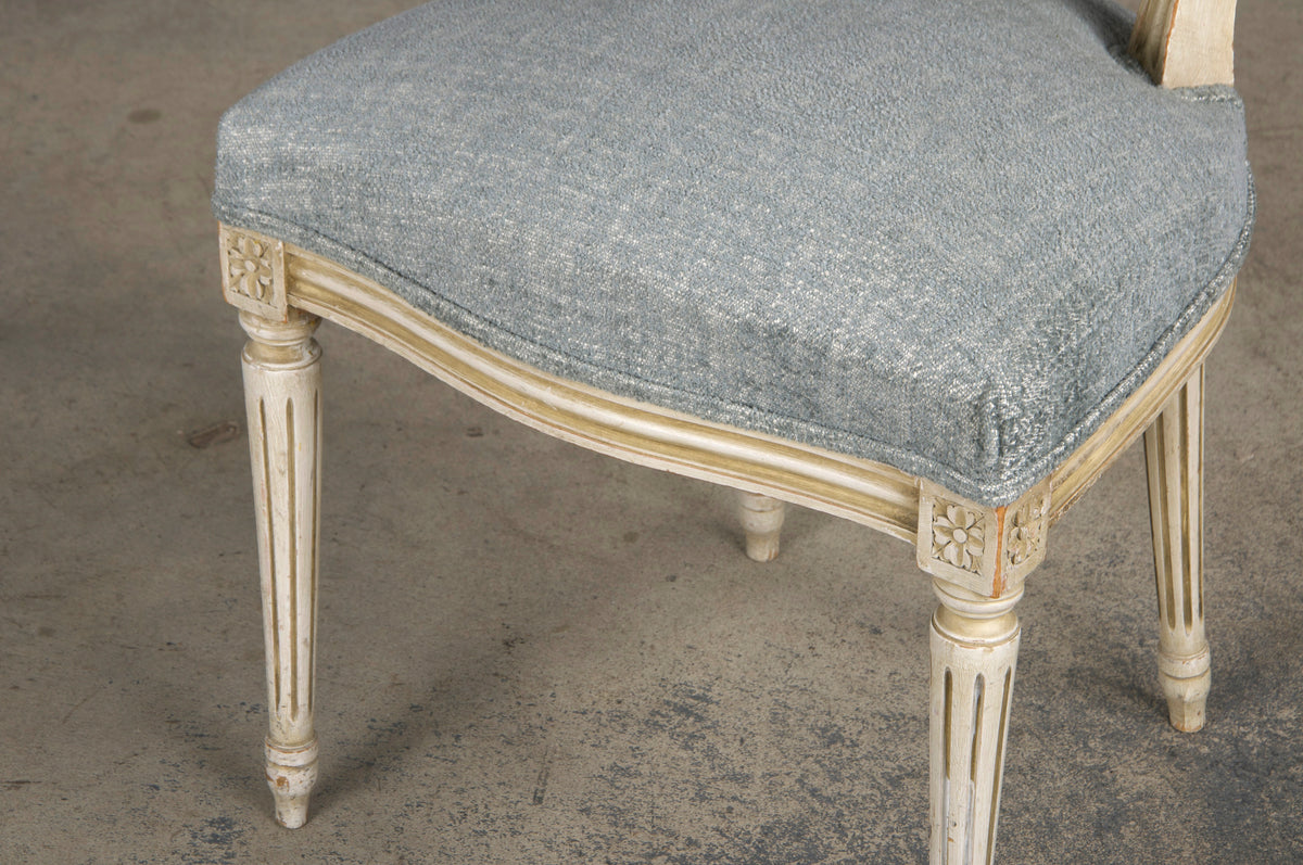 Antique French Louis XVI Style Painted Dining Chairs W/ Grey Blue Chenille - Set of 6