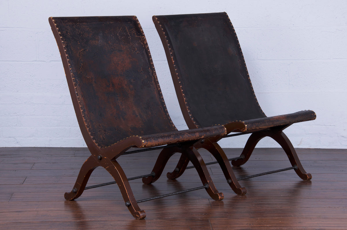 Spanish Pierre Lottier Leather Slipper Chairs - A Pair