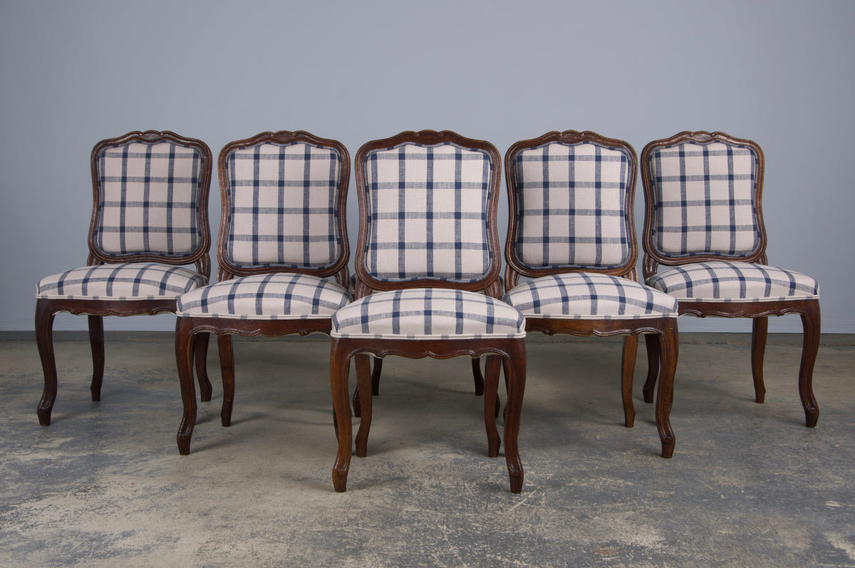 Antique French Louis XV Style Oak Dining Chairs W/ Plaid Fabric - Set of 6