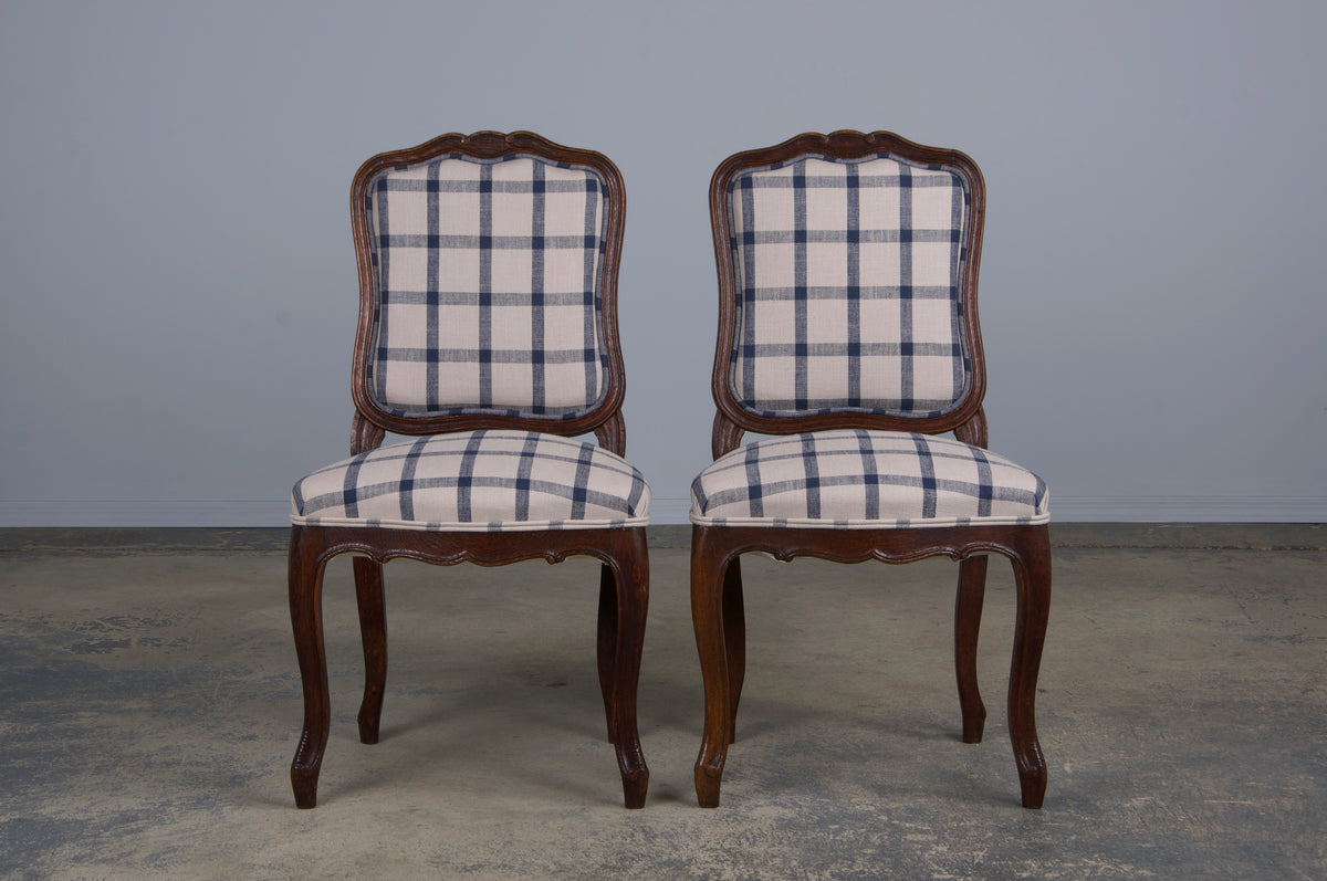 Antique French Louis XV Style Oak Dining Chairs W/ Plaid Fabric - Set of 6