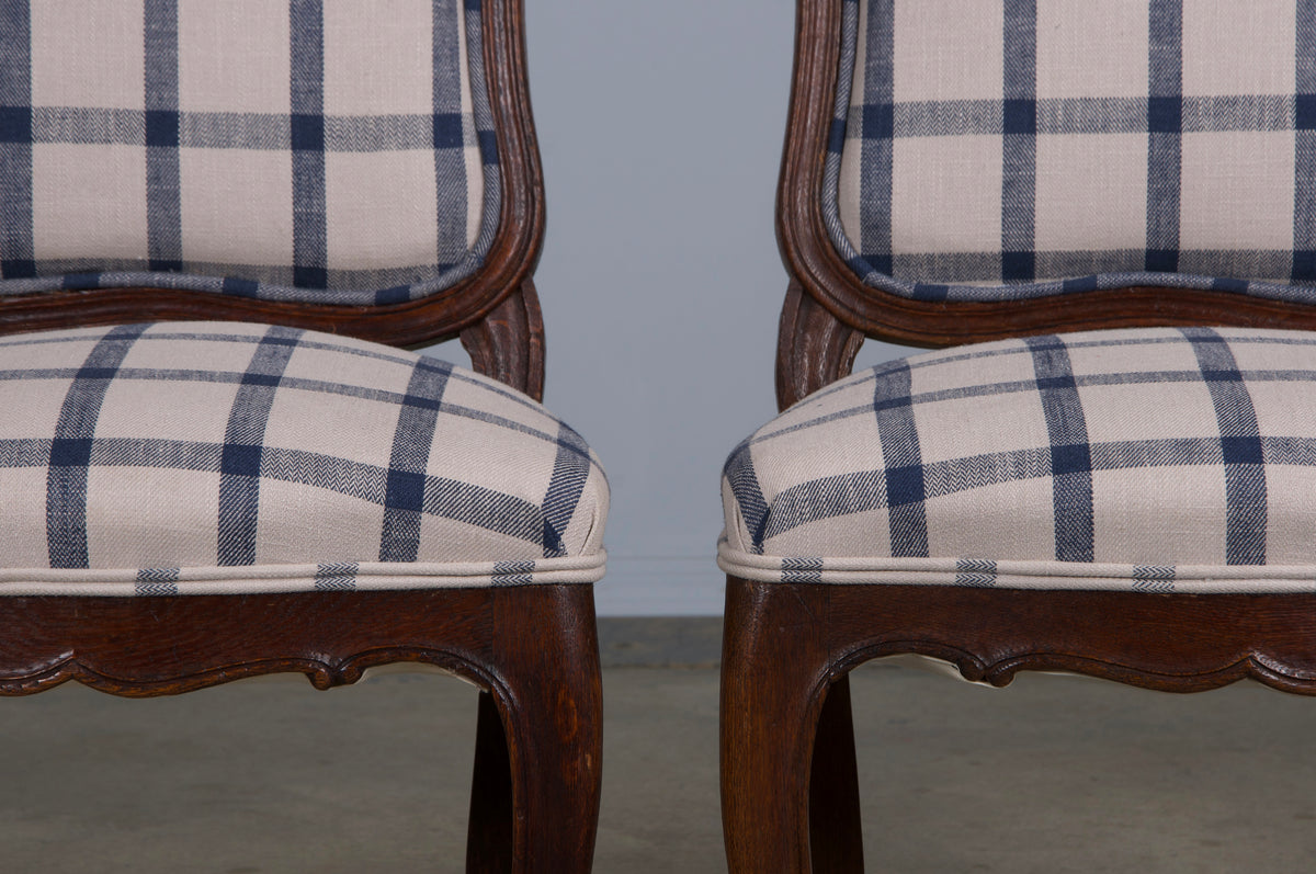 Antique French Louis XV Style Oak Dining Chairs W/ Plaid Fabric - Set of 6