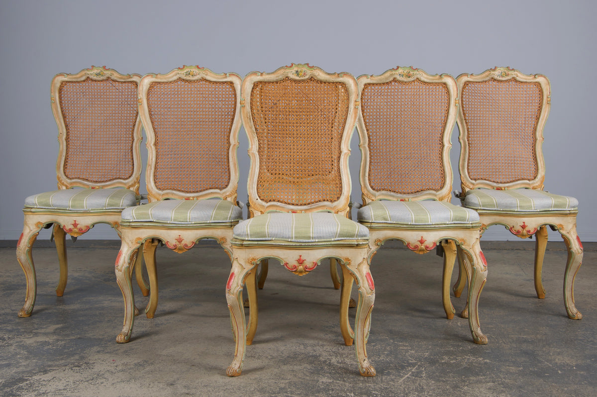 Early 19th Century French Louis XV Style Painted Cane Back Dining Chairs W/ Striped Linen - Set of 6