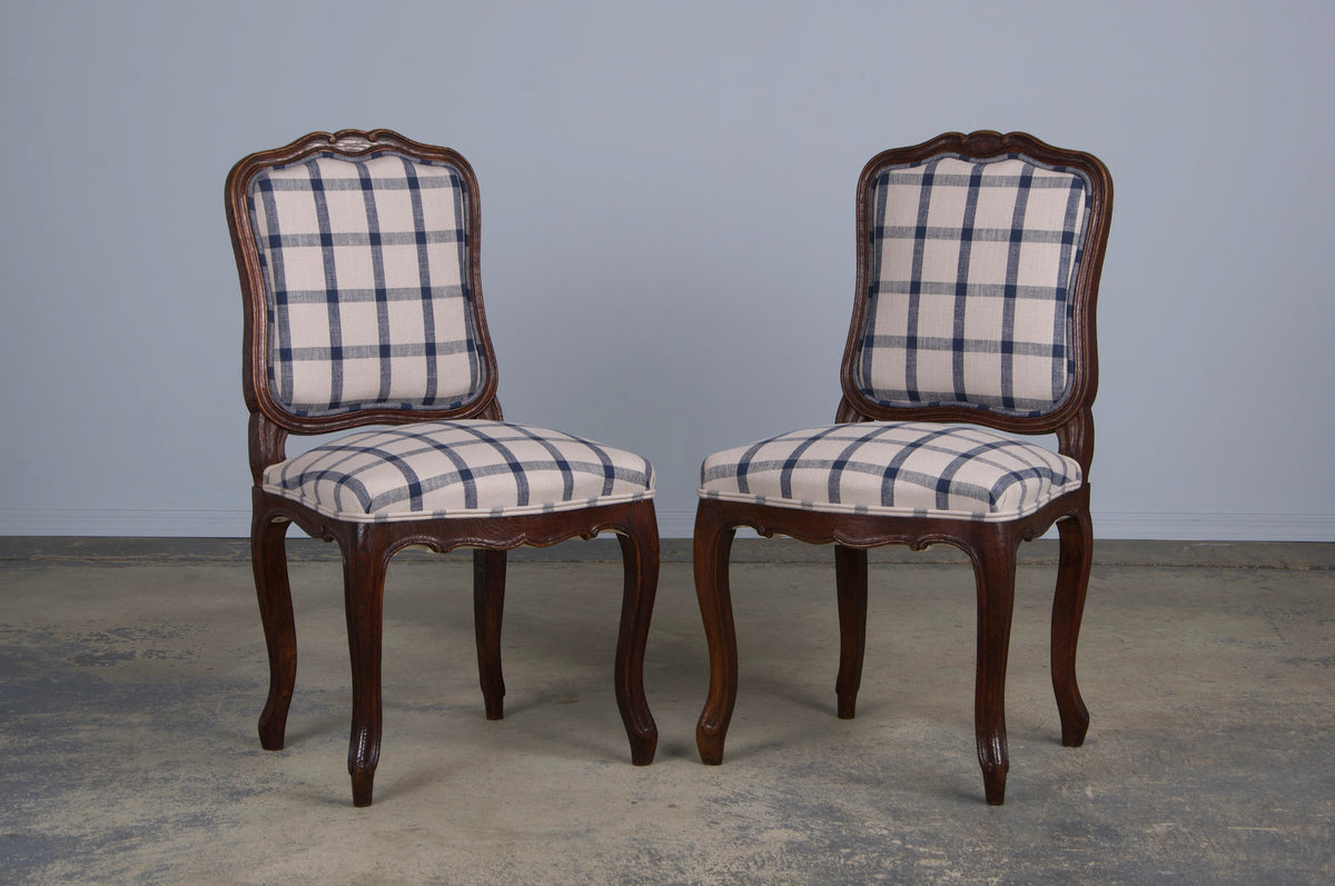 Antique French Louis XV Style Oak Dining Chairs W/ Plaid Fabric - Set of 6