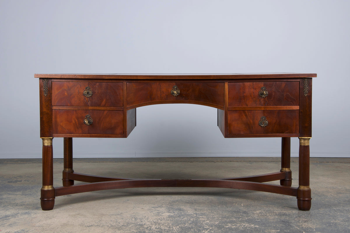 French Empire Style Mahogany Writing Desk W/ Red Leather Top