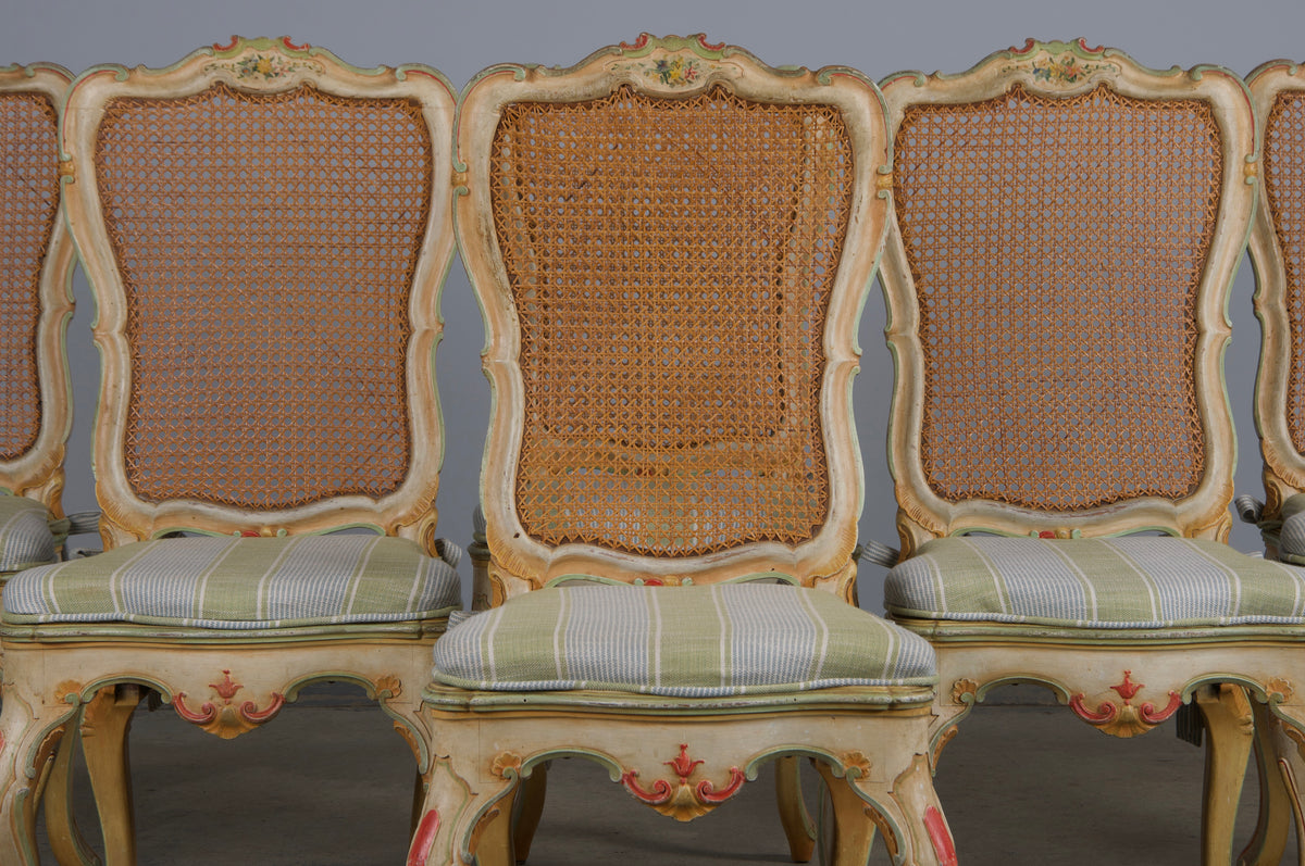 Early 19th Century French Louis XV Style Painted Cane Back Dining Chairs W/ Striped Linen - Set of 6