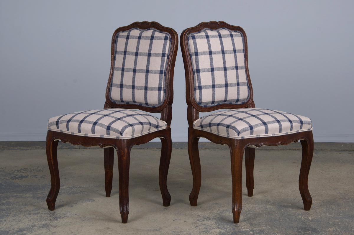 Antique French Louis XV Style Oak Dining Chairs W/ Plaid Fabric - Set of 6