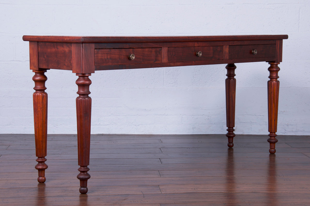 Antique Country French Provincial Mahogany Console Table W/ Burgundy Leather Top