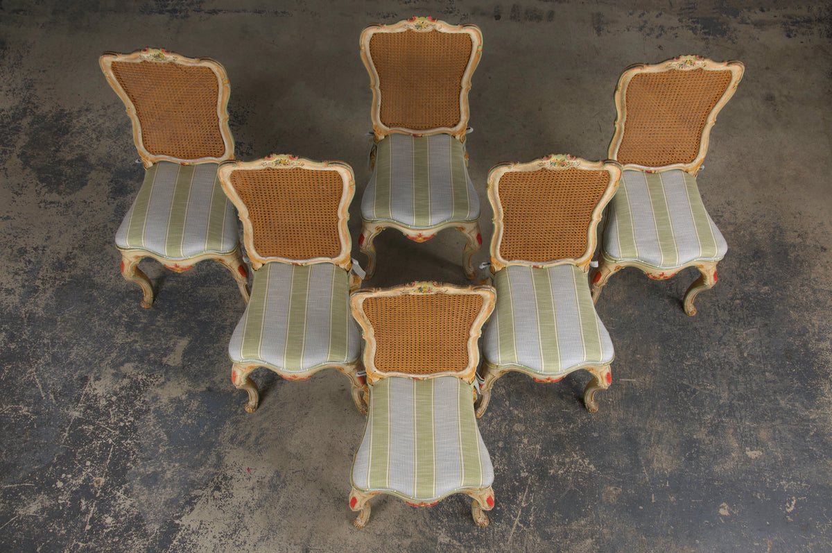 Early 19th Century French Louis XV Style Painted Cane Back Dining Chairs W/ Striped Linen - Set of 6