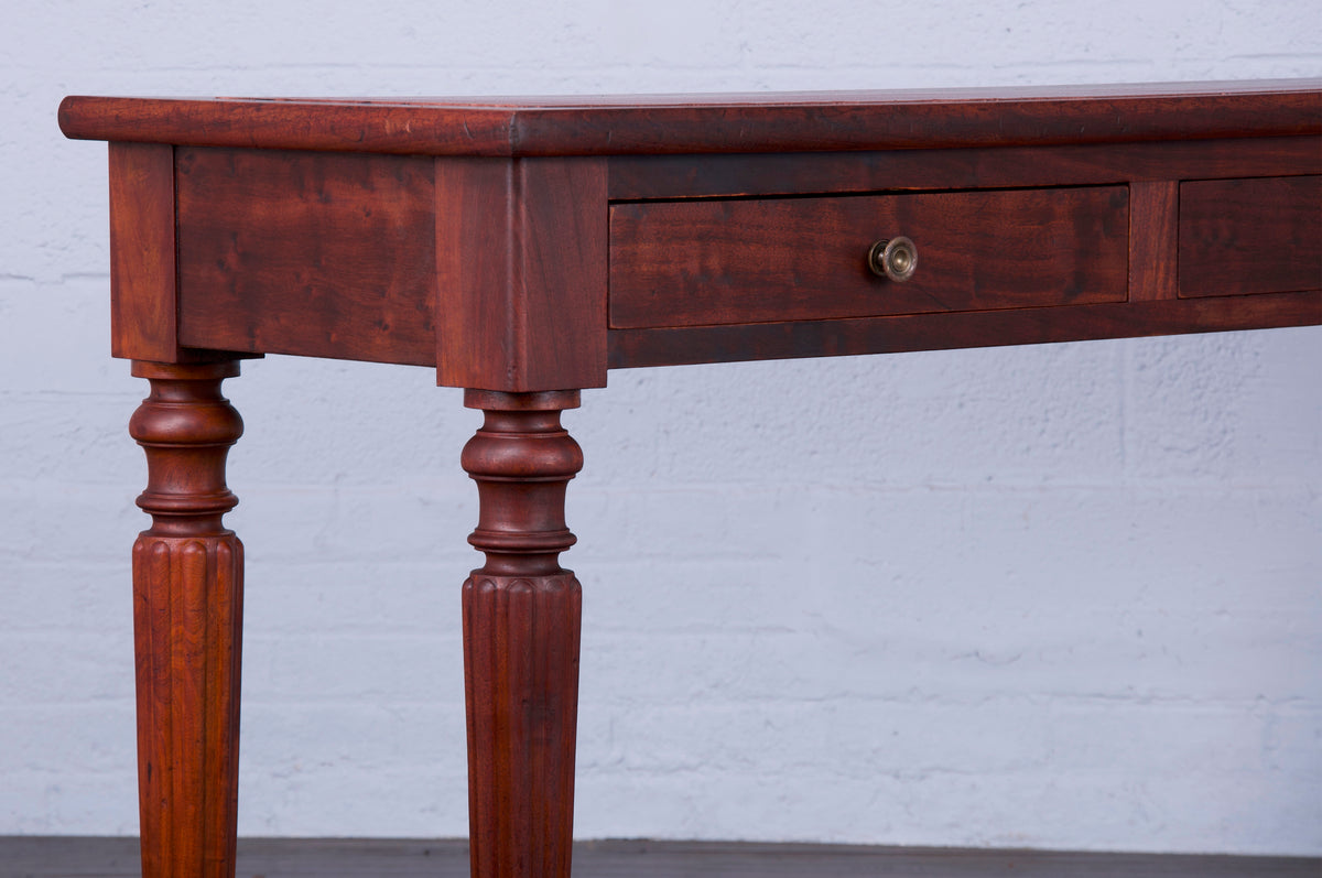 Antique Country French Provincial Mahogany Console Table W/ Burgundy Leather Top