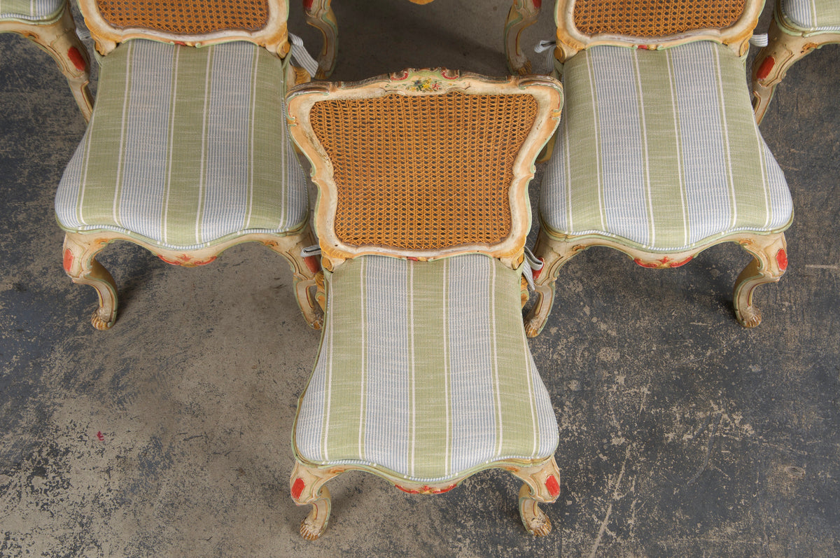 Early 19th Century French Louis XV Style Painted Cane Back Dining Chairs W/ Striped Linen - Set of 6