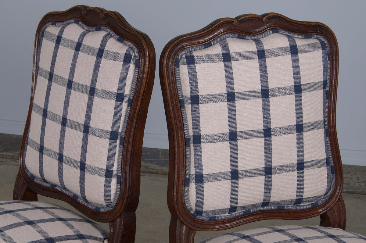 Antique French Louis XV Style Oak Dining Chairs W/ Plaid Fabric - Set of 6