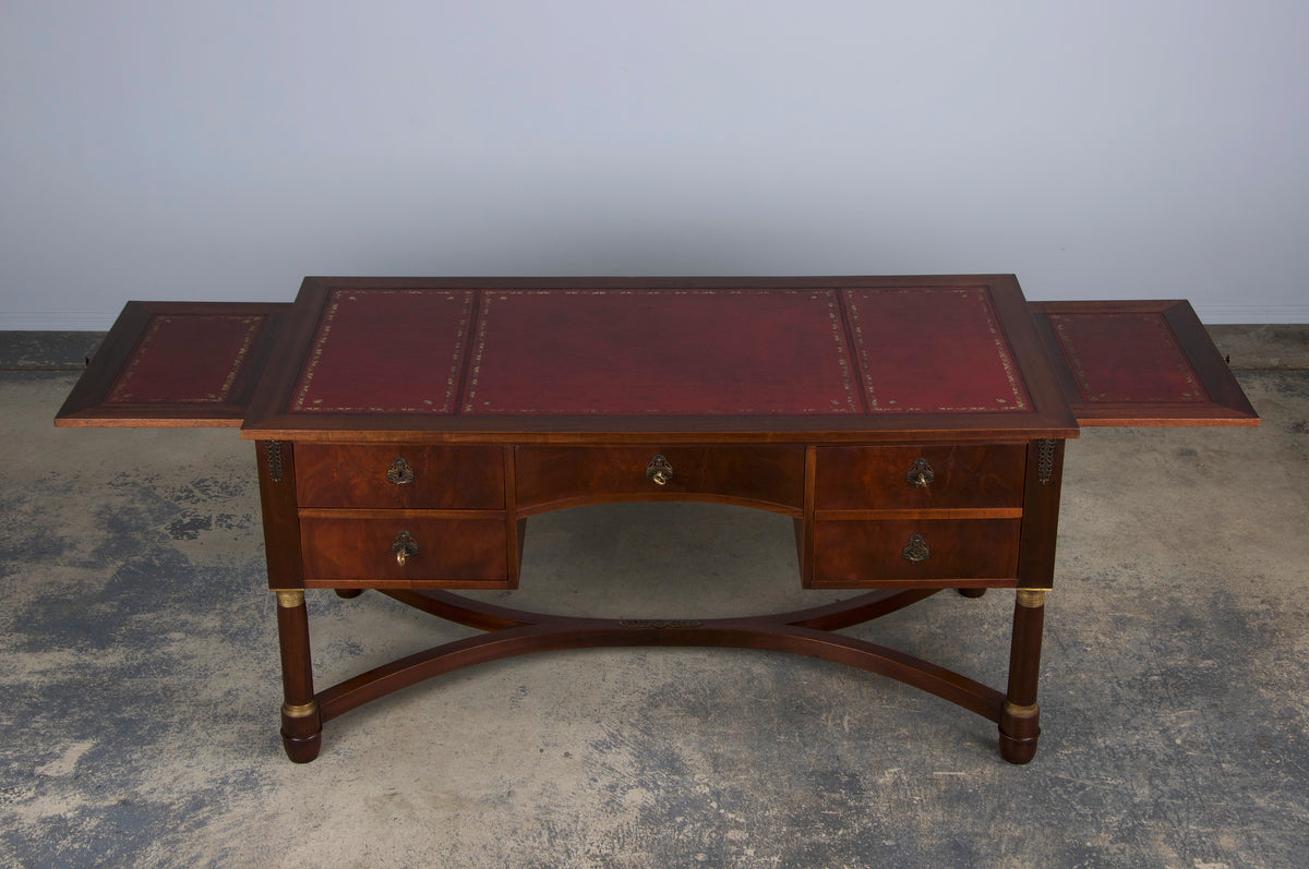 French Empire Style Mahogany Writing Desk W/ Red Leather Top