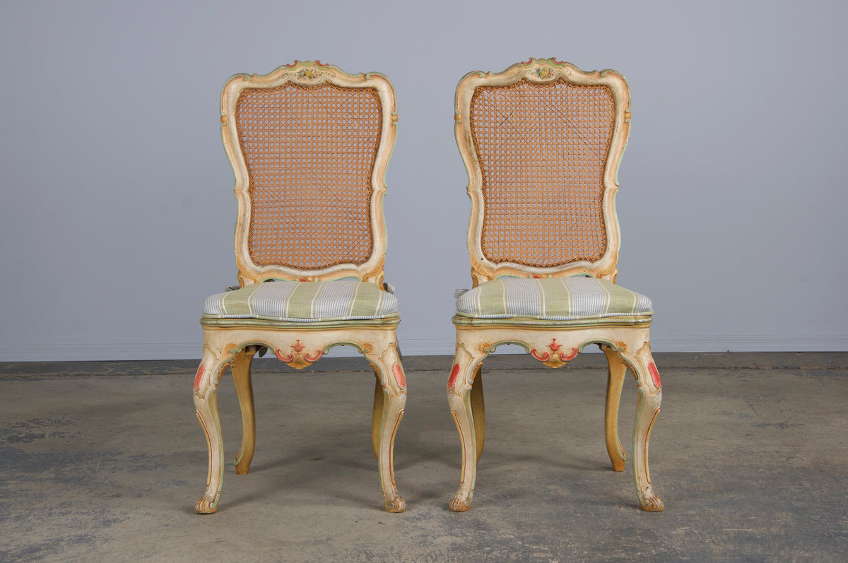 Early 19th Century French Louis XV Style Painted Cane Back Dining Chairs W/ Striped Linen - Set of 6