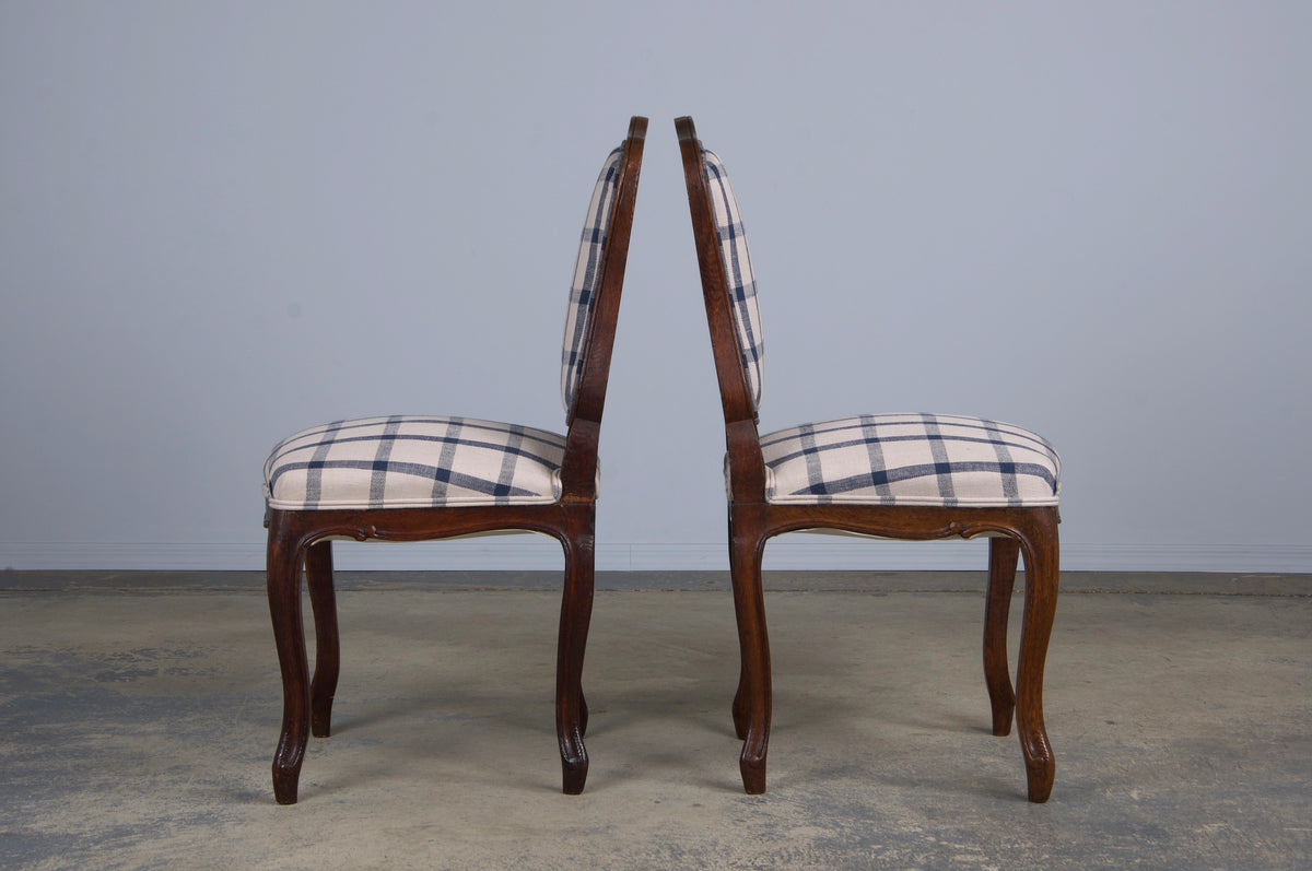 Antique French Louis XV Style Oak Dining Chairs W/ Plaid Fabric - Set of 6