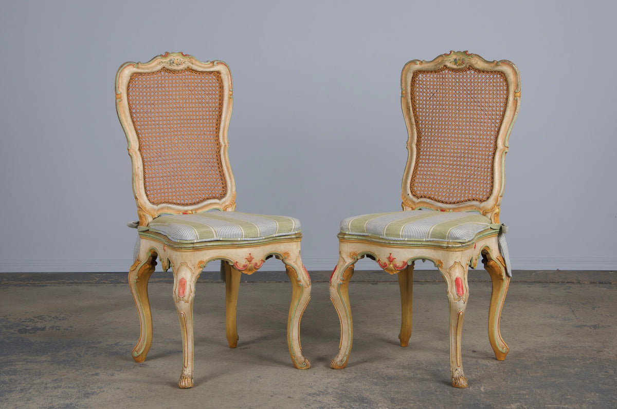 Early 19th Century French Louis XV Style Painted Cane Back Dining Chairs W/ Striped Linen - Set of 6