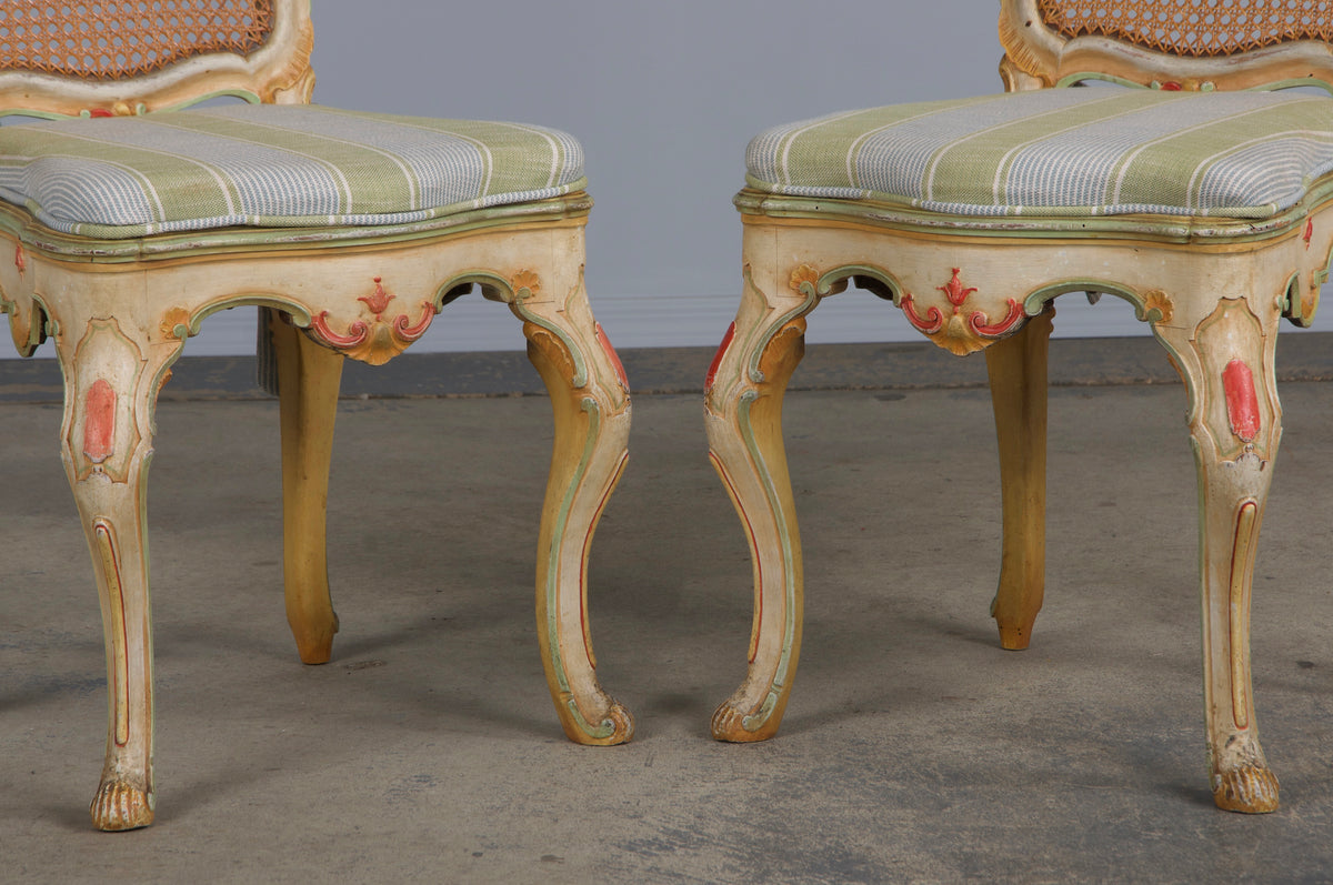 Early 19th Century French Louis XV Style Painted Cane Back Dining Chairs W/ Striped Linen - Set of 6