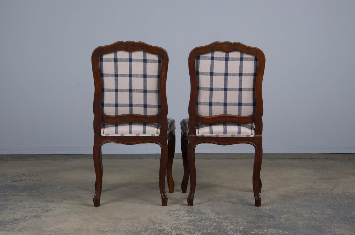 Antique French Louis XV Style Oak Dining Chairs W/ Plaid Fabric - Set of 6