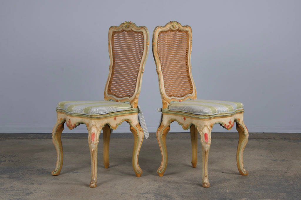 Early 19th Century French Louis XV Style Painted Cane Back Dining Chairs W/ Striped Linen - Set of 6