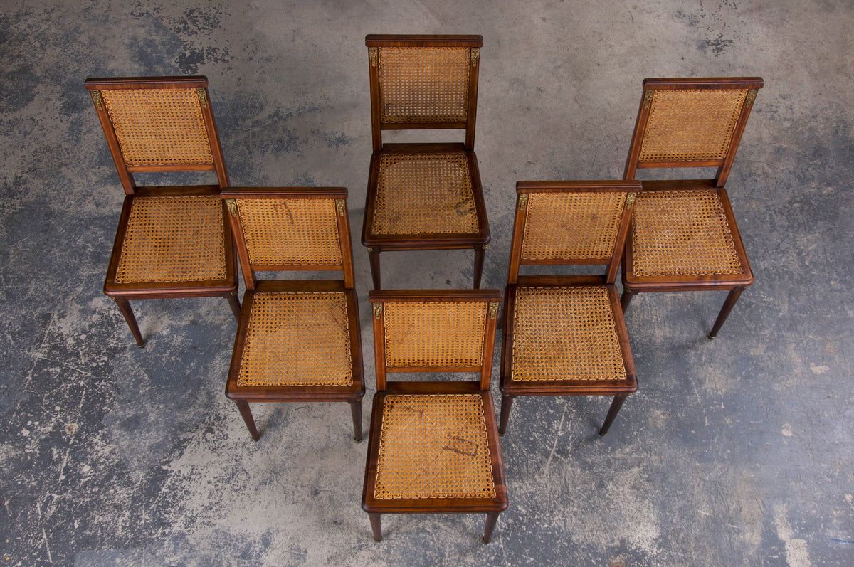 Antique French Louis XVI Style Walnut Inlay Cane Dining Chairs - Set of 6